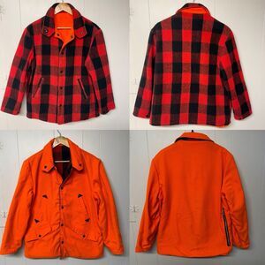 Vtg Fox Knapp Buffalo Plaid Wool Hunting Jacket Reversible Orange USA Made Men M